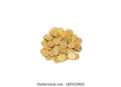 A Pile Of Golden Coins Isolated On White. Pirate Gold. 