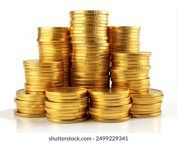 Pile of golden coins isolated on white background.