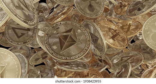 Pile of golden cryptocurrency coins flying with Bitcoin, Ethereum, Zcoin,  ripple symbol zoom in background.