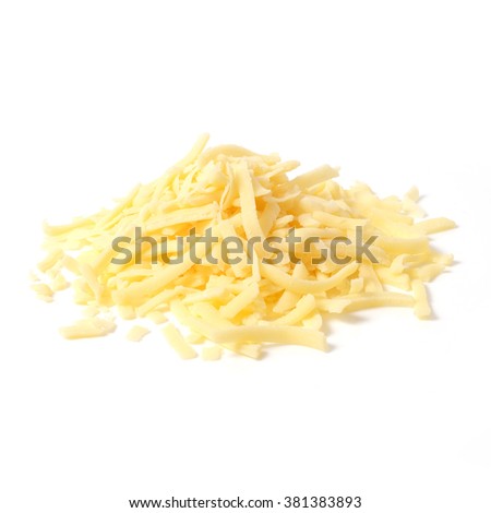 Pile of grated cheddar cheese isolated on white background