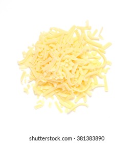 Pile Of Grated Cheddar Cheese Shot From Above Isolated On White Background