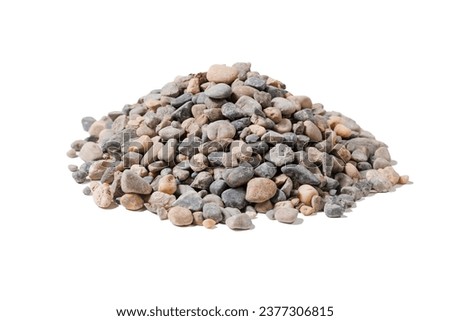 Pile of gravel or crushed stone for construction on white isolated background.