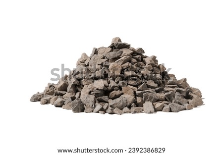 Pile of gravel or crushed stone for construction on white isolated background.