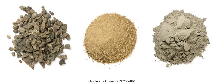 pile of gravel, sharp sand or pit sand and cement, ingredients for concrete mixture, isolated on white background,taken from above, collection - Shutterstock ID 2132129489