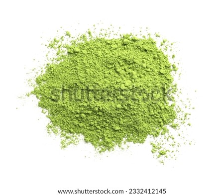 Pile of green matcha powder isolated on white, top view