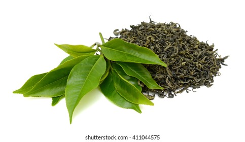 Pile of green tea isolated on white background