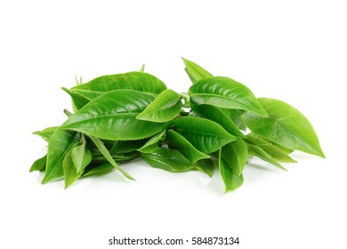 Pile Of Green Tea Leaves Isolated On White Background