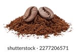Pile of ground coffee and coffee beans isolated on white background