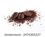 Pile of ground coffee and coffee beans isolated on white background