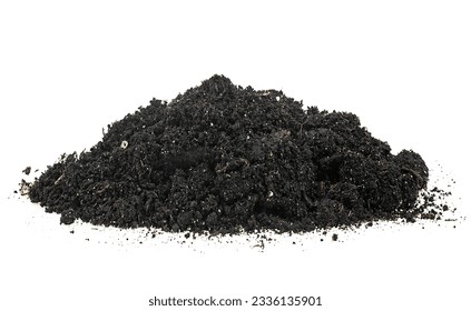 Pile heap soil humus isolated over white background. Black soil. Chernozem.
