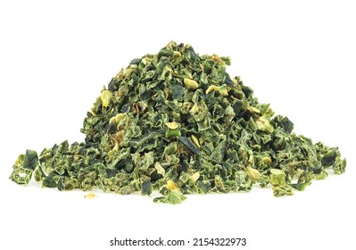 Pile Of Hot Green Dry Jalapeno Pepper Isolated On A White Background. Chopped Jalapeno.