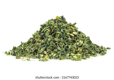 Pile Of Hot Green Dry Jalapeno Pepper Isolated On A White Background. Chopped Jalapeno.