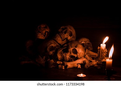 Pile Human Skull Bone Red Light Stock Photo (Edit Now) 1173334198