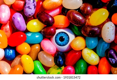 A Pile Of Jelly Beans Containing The Elusive Blue-eyed One.