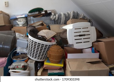 Pile Of Junk In A House, Hoarder Room Pile Of Household Equipment Needs Clearing Out Storage