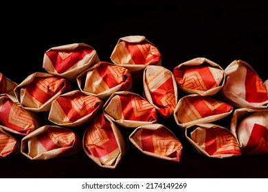 pile of kebabs. paper wrap served in a table, close up view. - Shutterstock ID 2174149269
