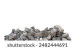 A pile of large grey concrete fragments of the remains of a building and bricks isolated on a white background. The cut object.