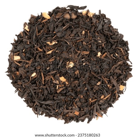 Pile leaf tea with various additives isolated on white background, top view. Heap of dried tea