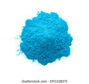 Pile Of Light Blue Powder Isolated On White, Top View. Holi Festival Celebration