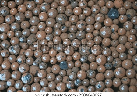 A pile of lightweight expanded clay aggregate floating on water, used for hydroponic planting