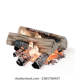 A pile of logs and charcoal burning on a white background - Powered by Shutterstock