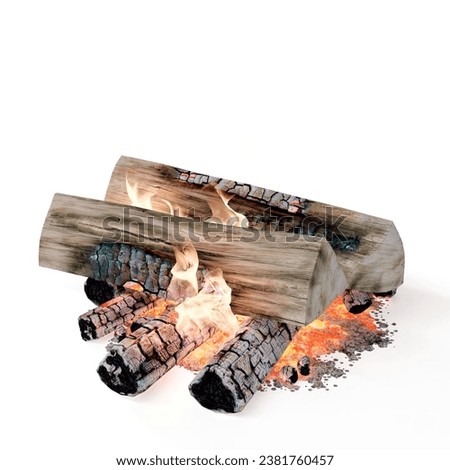 A pile of logs and charcoal burning on a white background