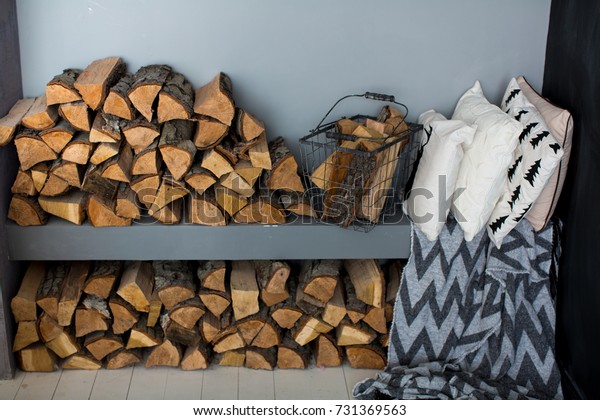 Pile Logs Stacked Near Fireplace Pillows Royalty Free Stock Image