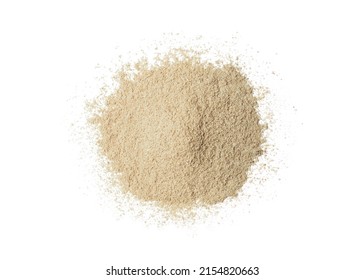 Pile of maca powder isolated on white background. Top view. Flat lay.