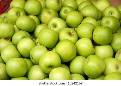 Pile Of Many Fresh Green Apples In The Market