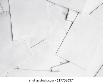 Pile Of Many White Work Sheet Documents For Background Design Concept, Top View With Copy Space 
