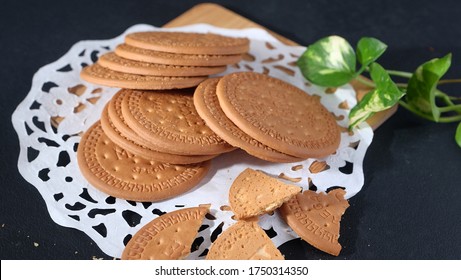 Pile Of Marie Biscuit With Dark Background. Long Format.