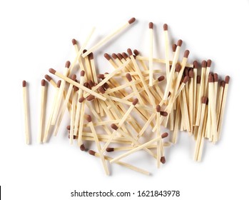 Pile of matches, matchsticks isolated on white background, top view