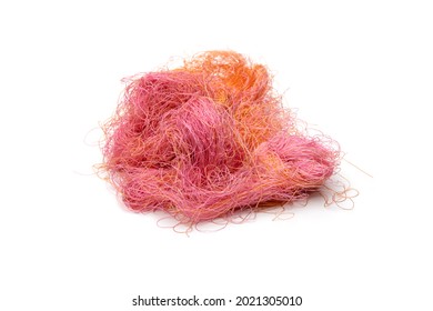 Pile Of Messy Colorful Yarn With Selective Focus On An Isolated White Background