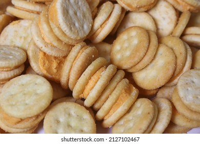 Pile Of Mini Cheese Snack Crackers Close Up