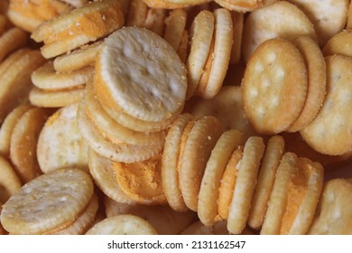 Pile Of Mini Cheese Snack Crackers Close Up