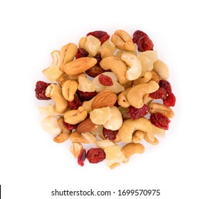 Pile Of Mixed Nuts And Dried Fruits Isolated On White Background, Food For Health, Top View