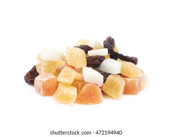 Pile of mixed nuts and dried fruits isolated over the white background - Shutterstock ID 472194940
