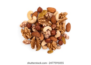 Pile of mixed nuts isolated on white background.