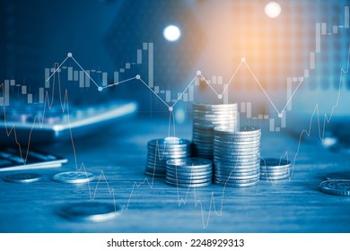 pile of money coin calculator, credit card with trading graph, financial and business background. 