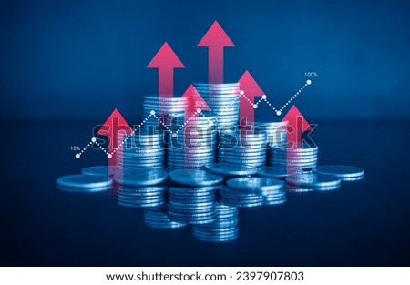 Pile of money coin on blue background with red up arrow and dot graph. Business and financial concept with blue color filter. 