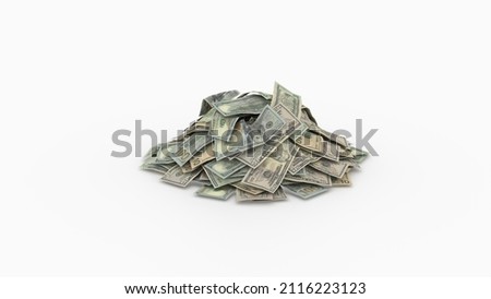 A pile of money side view isolated on white background. A heap of American dollars or USD various denomination bills. Making money, growing economy, business concept. Inflation and fiat money printing