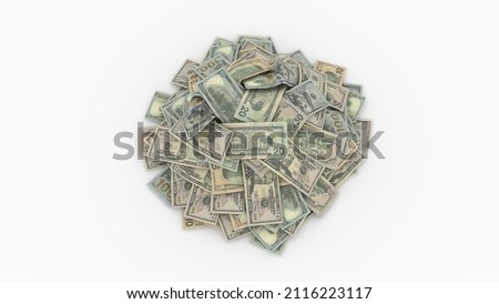 A pile of money top view isolated on white background. A heap of american dollars USD various denomination bills. Making money, growing economy and business concept. Inflation and fiat money printing