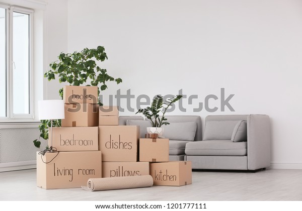 Pile\
of moving boxes and household stuff in living\
room