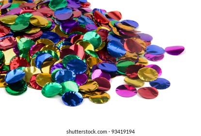 Pile Of Multicolored Metallic Confetti On White Background