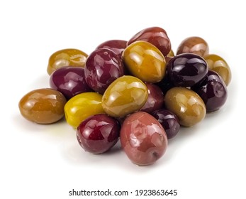 Pile of multicoloured olives on white background - Powered by Shutterstock