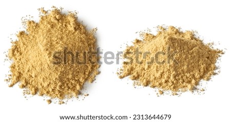 pile of multi-grain flour isolated on white background, combination of multiple different grains that have been ground into fine powder, nutrition, more balanced and healthy food in different angles