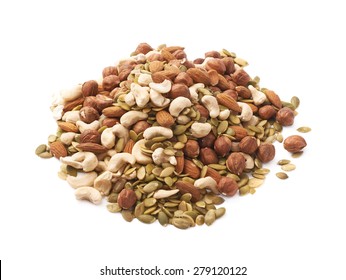 Pile Of Multiple Nuts And Seeds Isolated Over The White Background