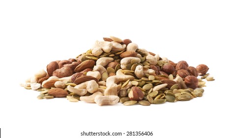 Pile Of Multiple Nuts And Seeds Isolated Over The White Background