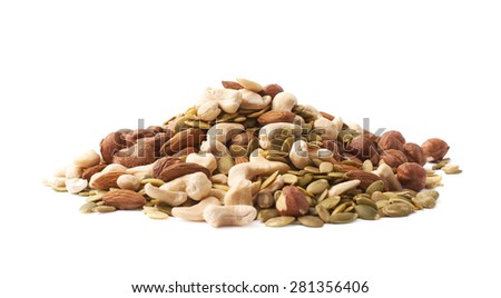 Pile of multiple nuts and seeds isolated over the white background