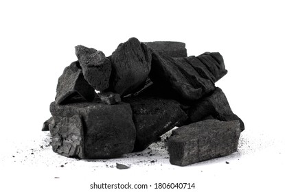 Pile of natural wood charcoal Isolated on white background.